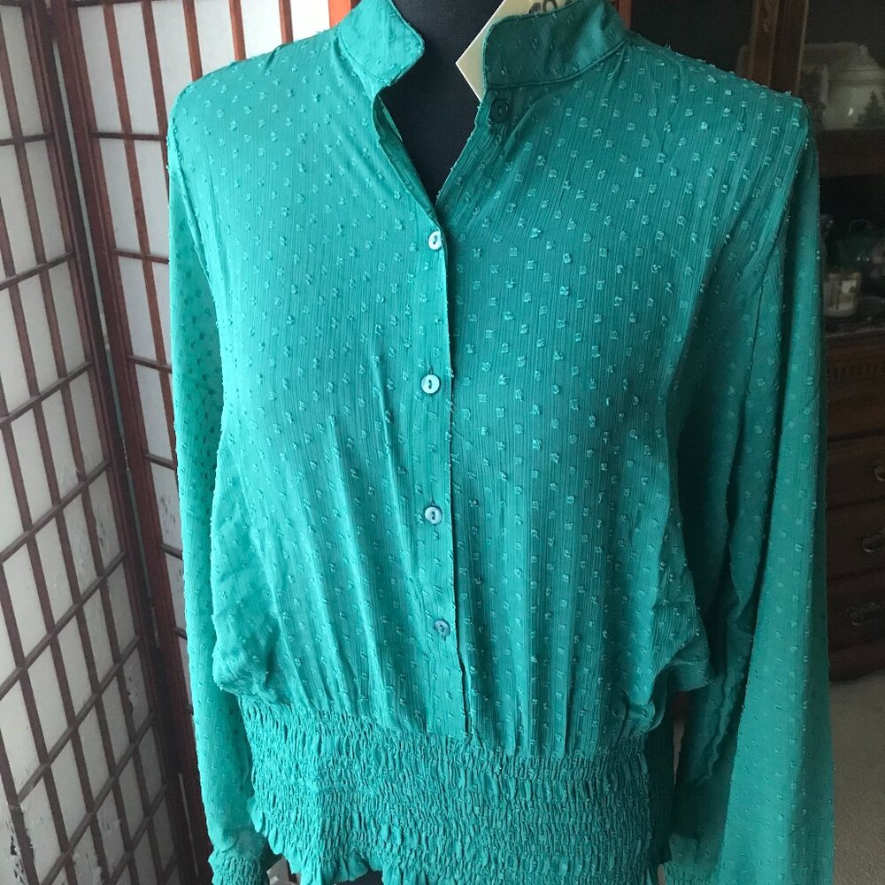 Junior Plus Size Green Mesh Polka Dot Balloon Sleeve Button-Down Blouse 1X NWT